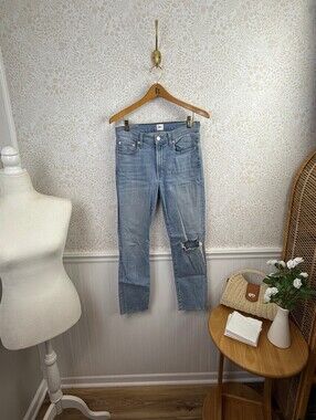 Edwin Light Wash Distressed Straight Raw Hem Ankle Denim Jeans - Size - 27